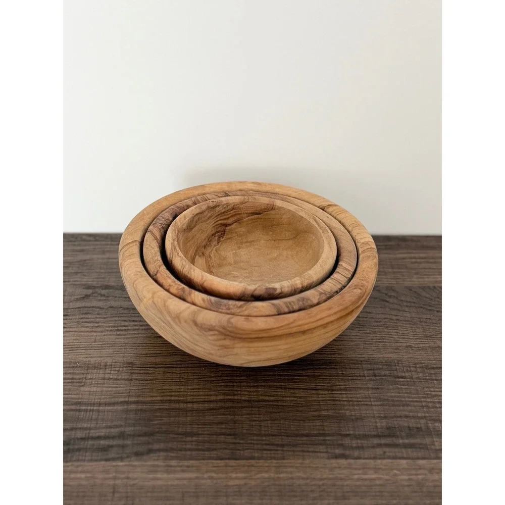 Olive Wood Nesting Serving Bowls Set of 3 Rustic Mediterranean Farmhouse Kitchen